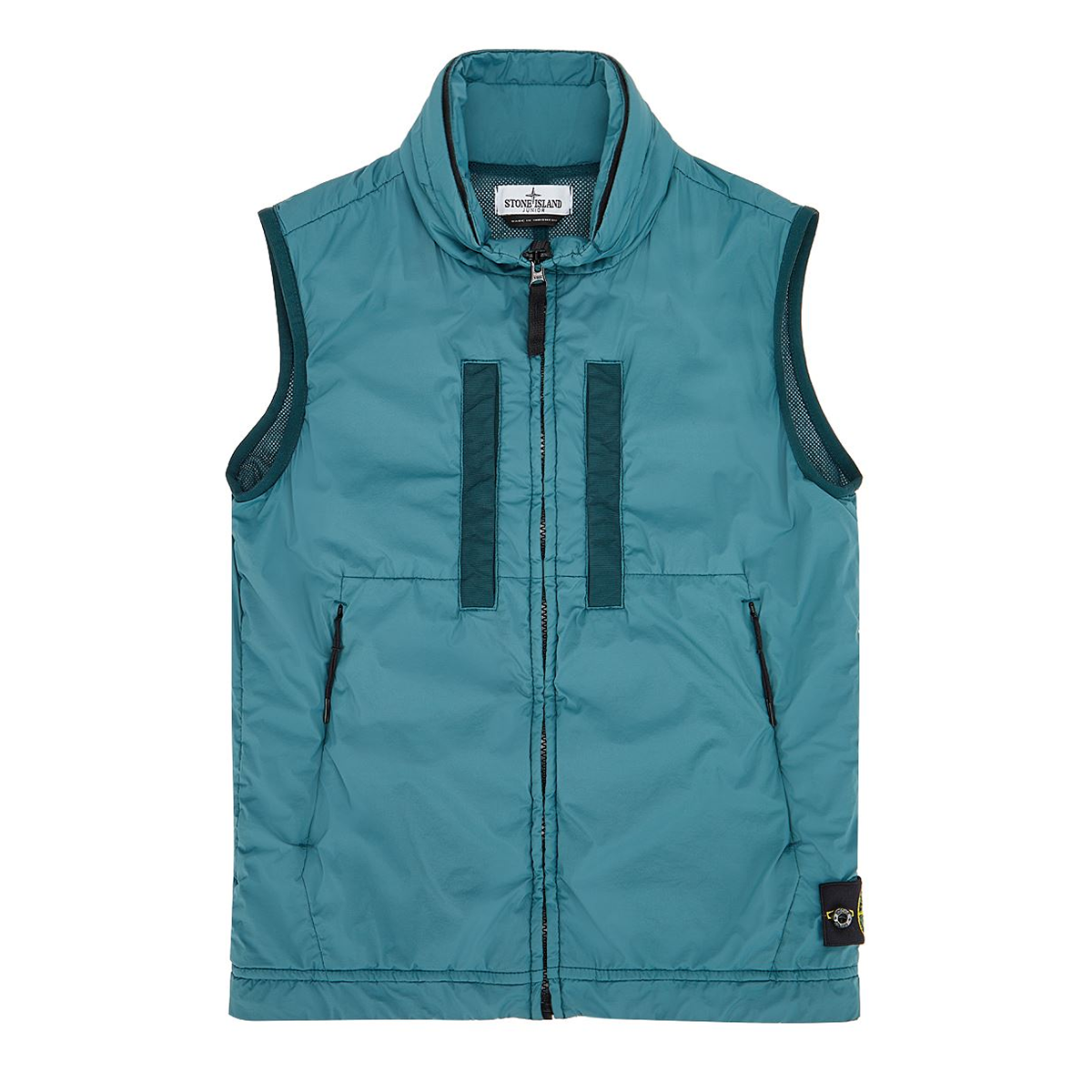 STONE ISLAND JUNIOR STRETCH NYLON GILLET IN GREEN GREY