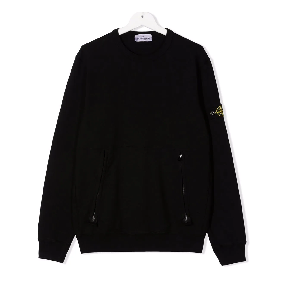 STONE ISLAND JUNIOR ZIP POCKET CREW SWEATER IN BLACK